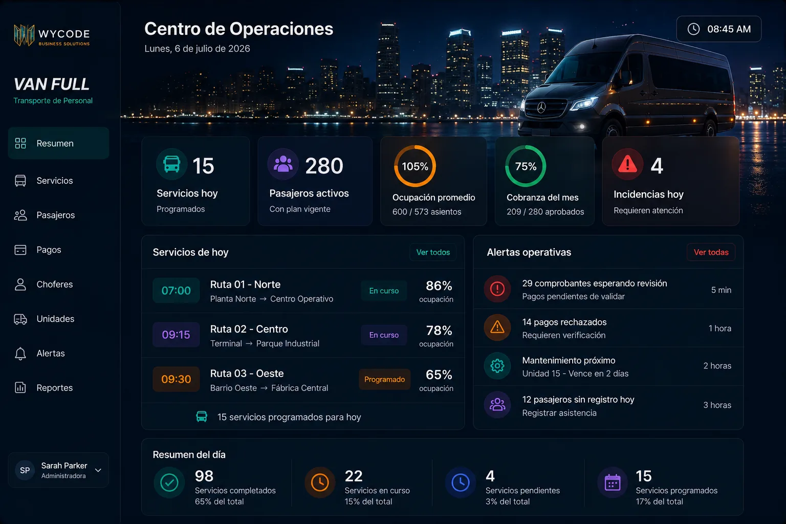 Panel de control del Centro de Operaciones para Transporte, vista de escritorio