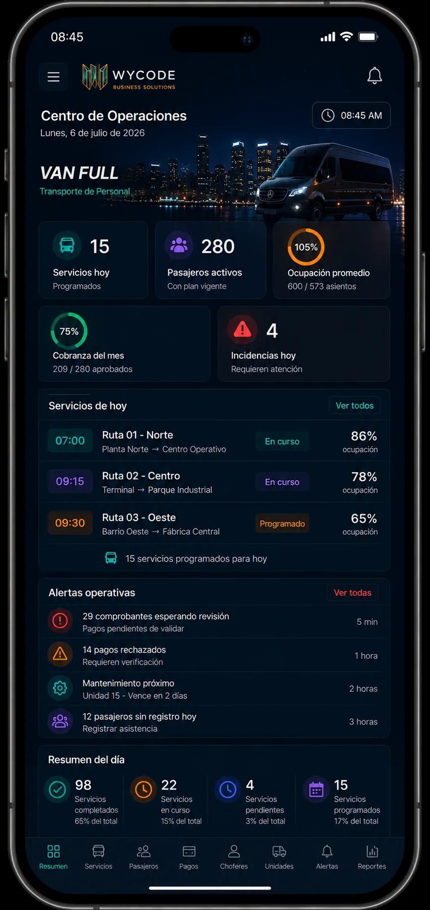 Panel de control del Centro de Operaciones para Transporte, vista mobile